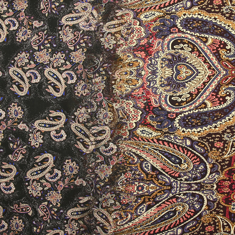 Viscose imprimée cachemire mauve, ocre et lie de vin