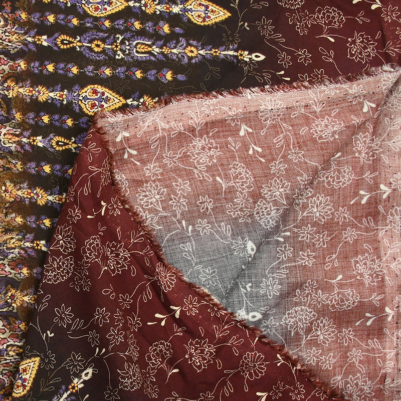 Viscose imprimée cachemire mauve, ocre et lie de vin