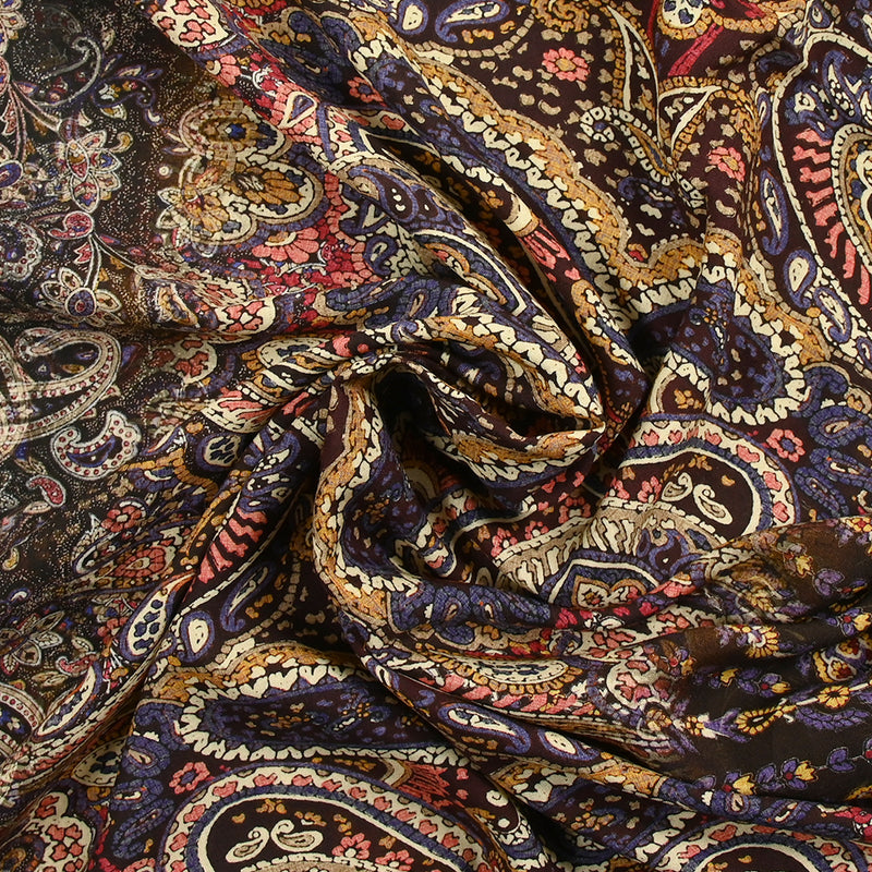 Viscose imprimée cachemire mauve, ocre et lie de vin
