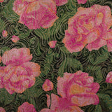 Golden brocade with pink flowers green background