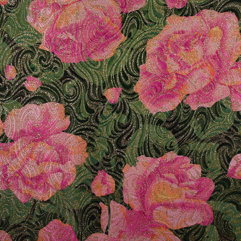 Golden brocade with pink flowers green background