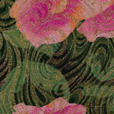 Golden brocade with pink flowers green background