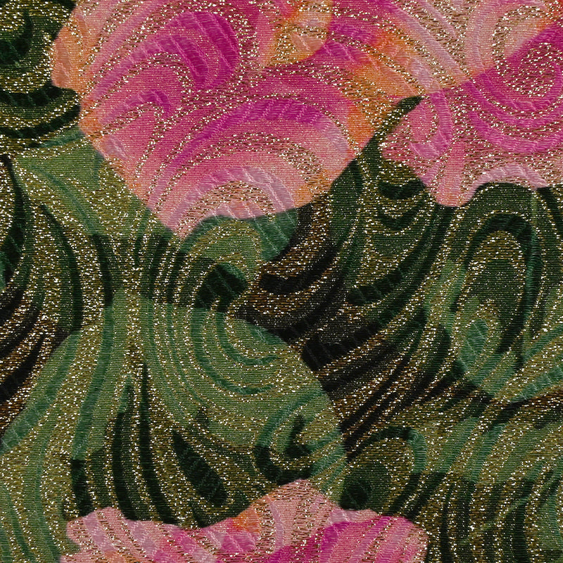 Golden brocade with pink flowers green background