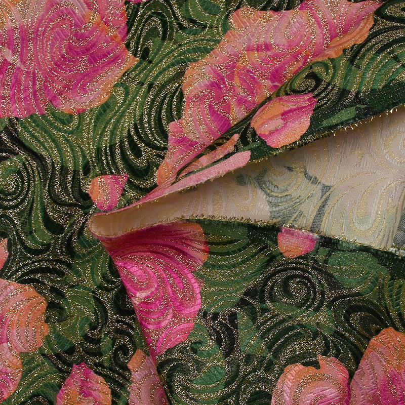 Golden brocade with pink flowers green background