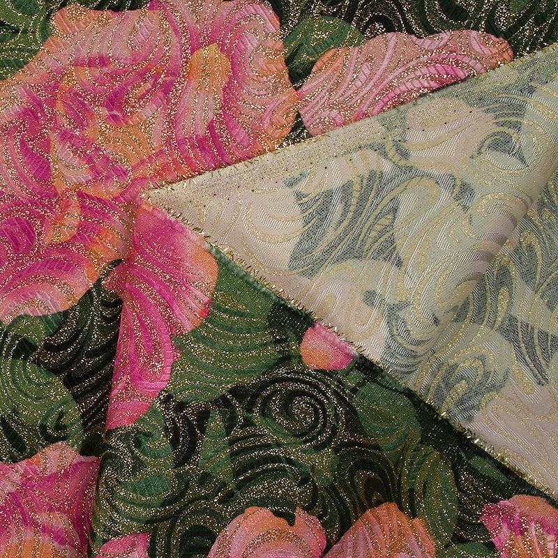 Golden brocade with pink flowers green background