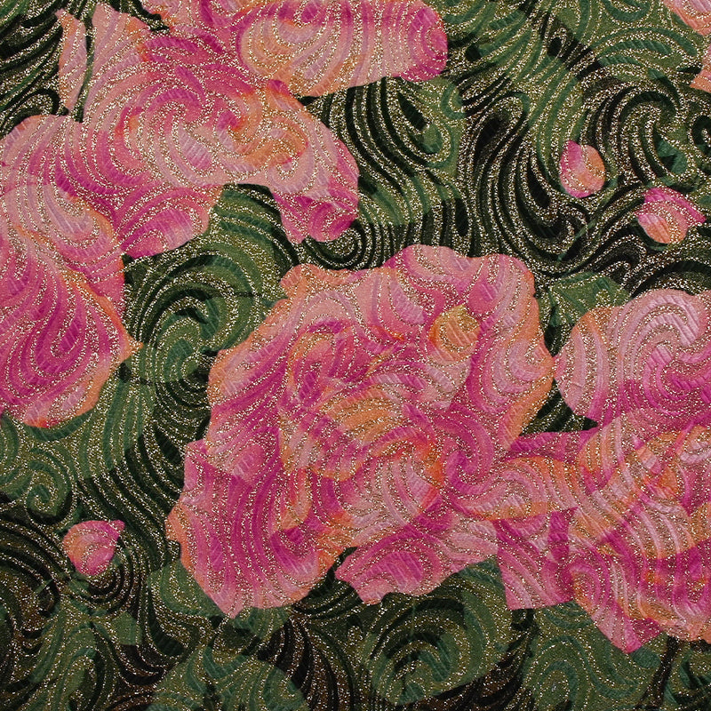 Golden brocade with pink flowers green background