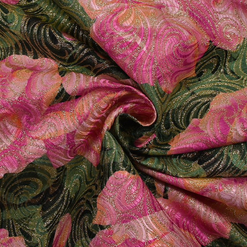 Golden brocade with pink flowers green background