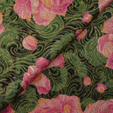 Golden brocade with pink flowers green background