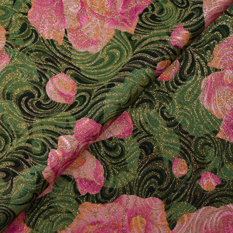Golden brocade with pink flowers green background