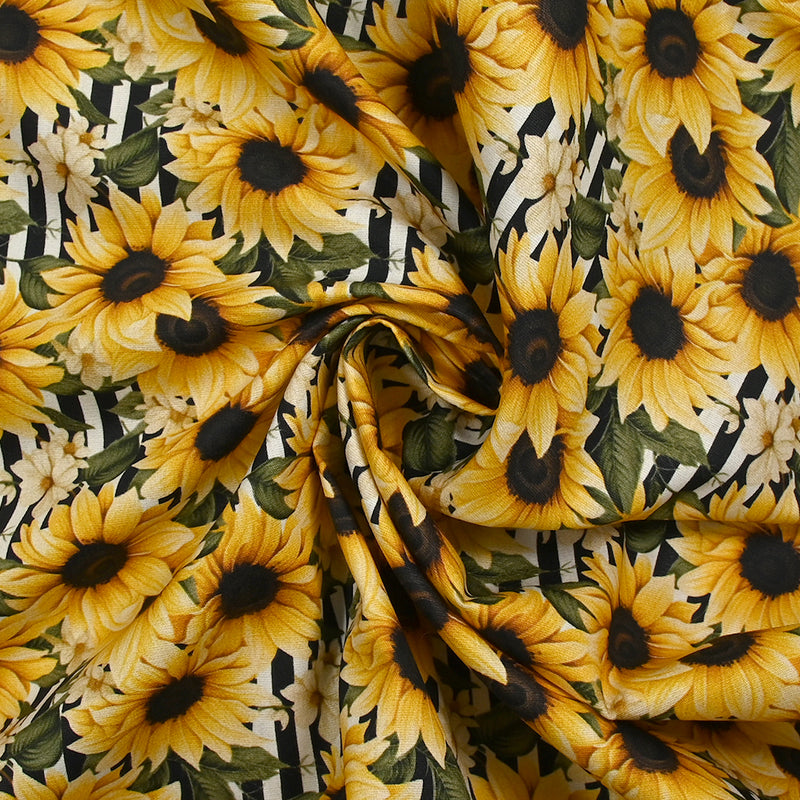 Cotton printed sunflower black and white striped background