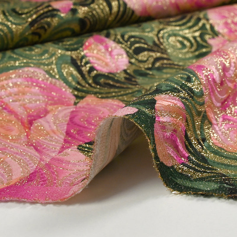 Golden brocade with pink flowers green background