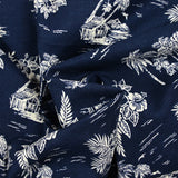 Viscose linen desert island print, navy background