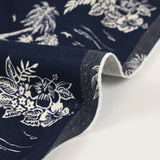Viscose linen desert island print, navy background