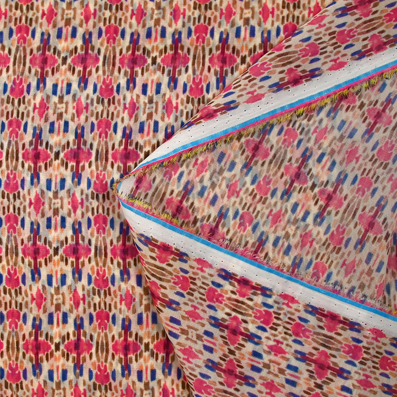 Mousseline imprimée Noémie bleu et fuchsia fond blanc cassé