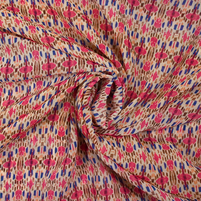 Mousseline imprimée Noémie bleu et fuchsia fond blanc cassé