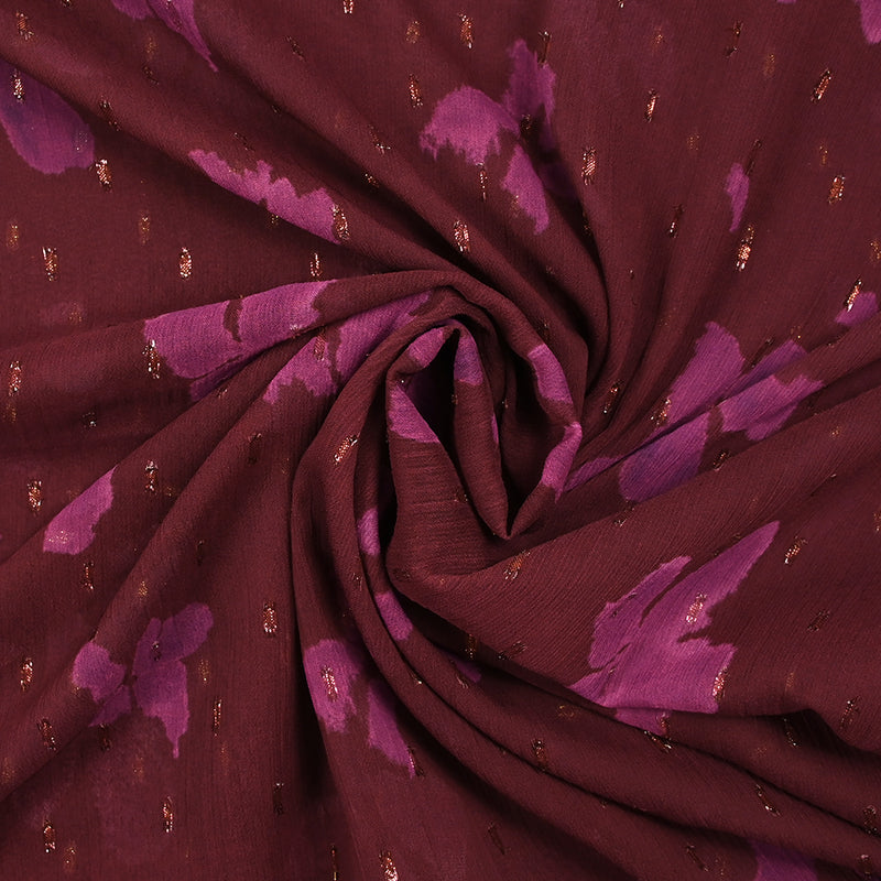 Mousseline crinkle imprimée plumetis lurex fleurs magenta fond pourpre