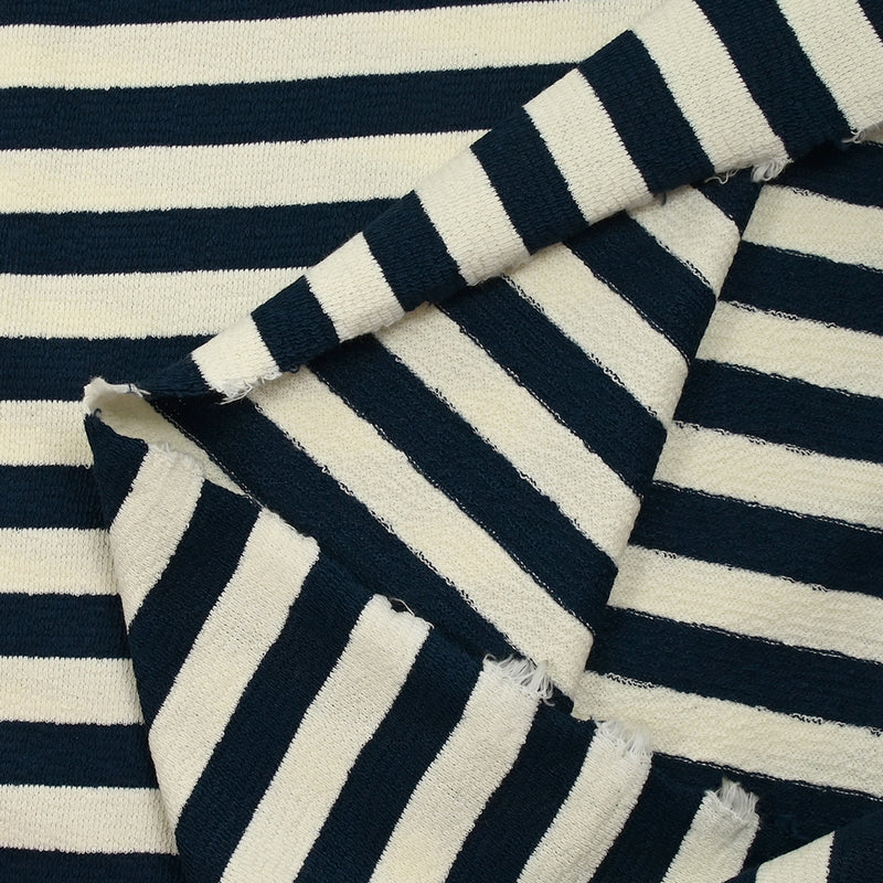 Maille 100% coton envers bouclette rayures 15mm marine et écru