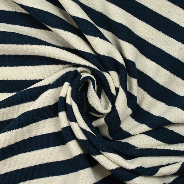 Maille 100% coton envers bouclette rayures 15mm marine et écru