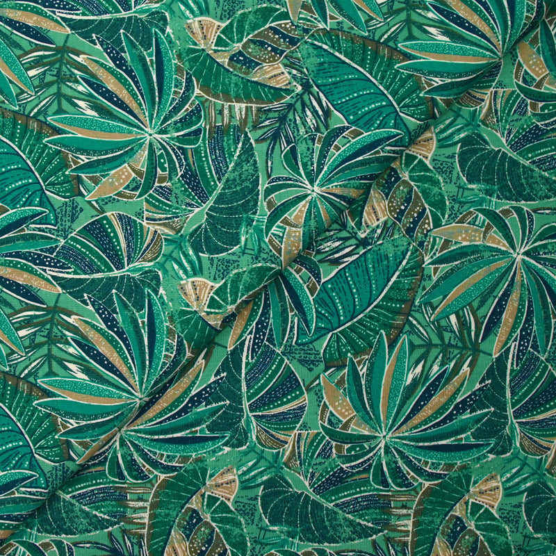 Jersey de coton imprimé jungle turquoise et vert