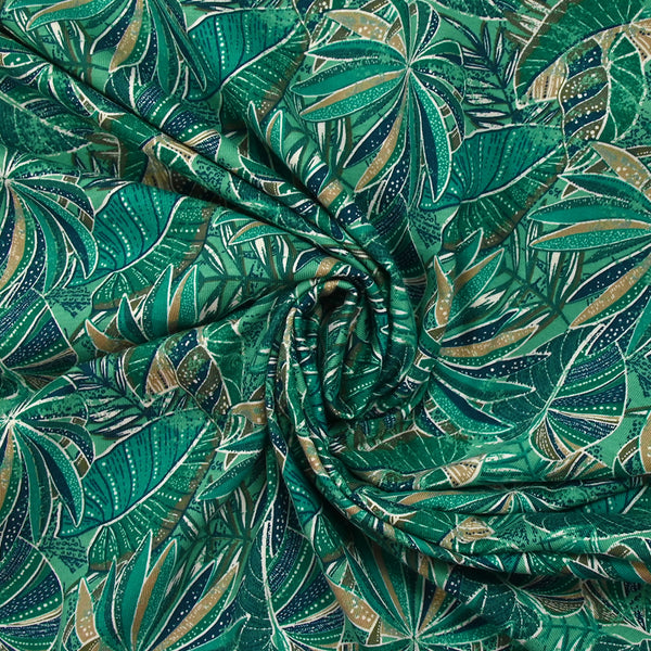 Jersey de coton imprimé jungle turquoise et vert