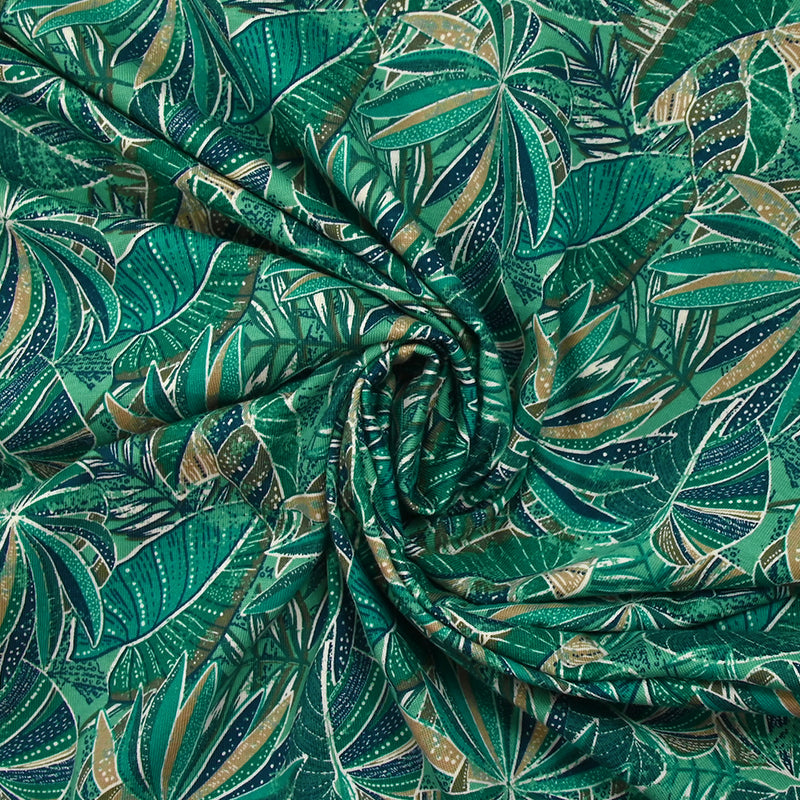 Jersey de coton imprimé jungle turquoise et vert