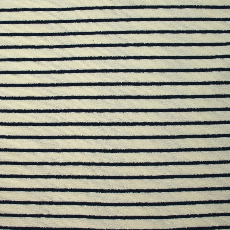 Maille 100% coton envers bouclette rayures bleu nuit fond écru