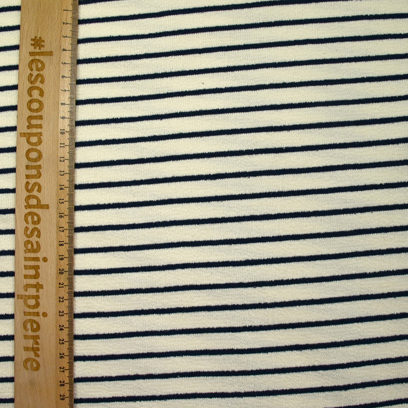 Maille 100% coton envers bouclette rayures bleu nuit fond écru