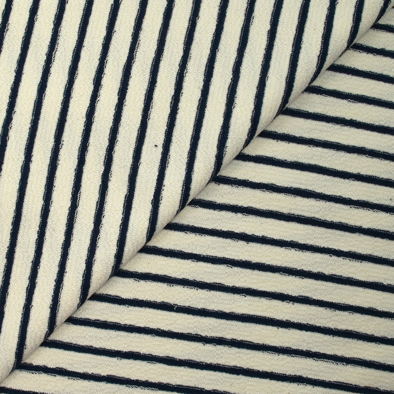 Maille 100% coton envers bouclette rayures bleu nuit fond écru