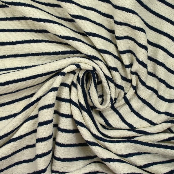 Maille 100% coton envers bouclette rayures bleu nuit fond écru