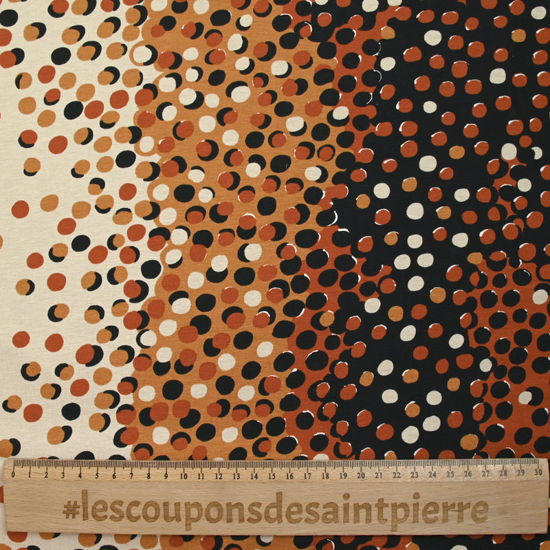 Jersey de coton imprimé évasion de pois noir, rouille et sable
