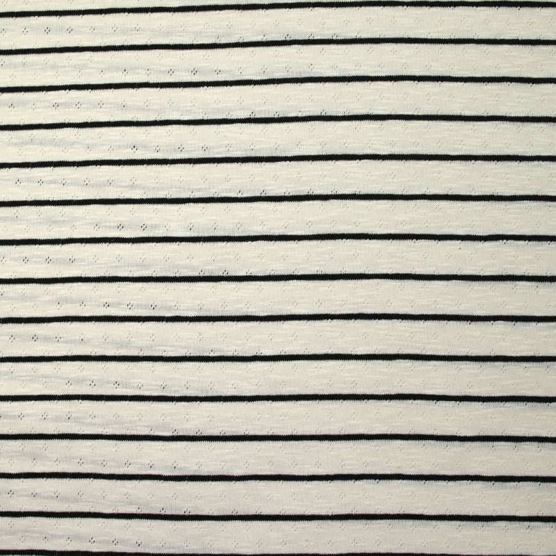 Jersey de coton flammé pointelle rayé noir et blanc cassé