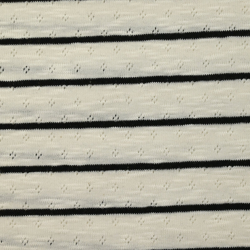 Jersey de coton flammé pointelle rayé noir et blanc cassé