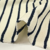 Maille 100% coton envers bouclette rayures bleu nuit fond écru