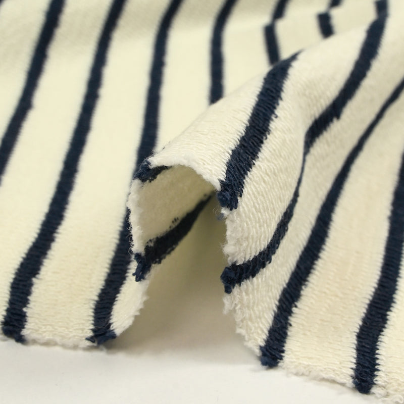 Maille 100% coton envers bouclette rayures bleu nuit fond écru