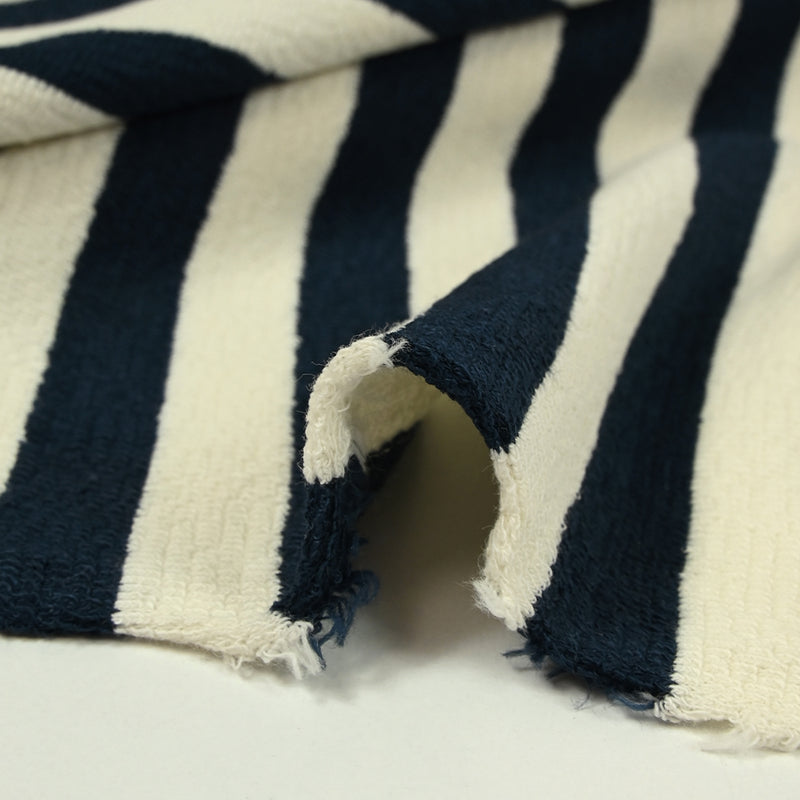 Maille 100% coton envers bouclette rayures 15mm marine et écru