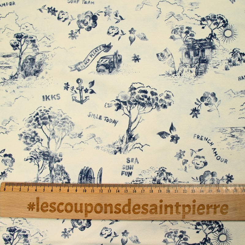 Jersey de coton imprimé happy camper fond écru