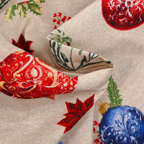 Polycoton imprimé boule de Noël fond ficelle