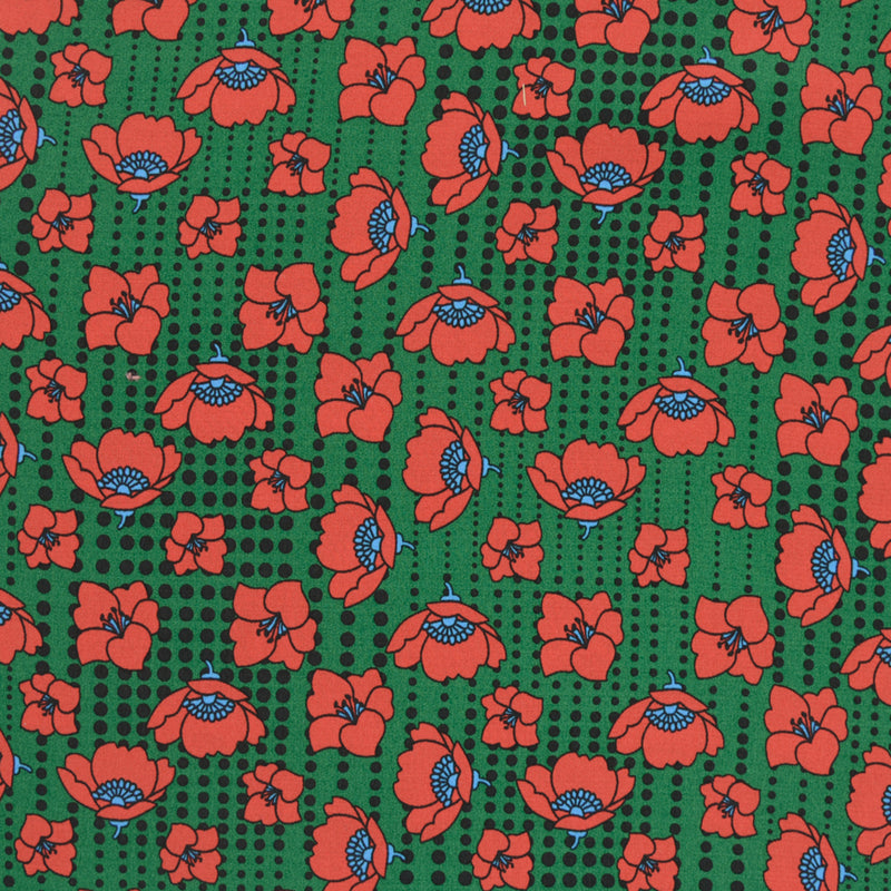 Viscose imprimée fleurs rouges fond vert à pois noir
