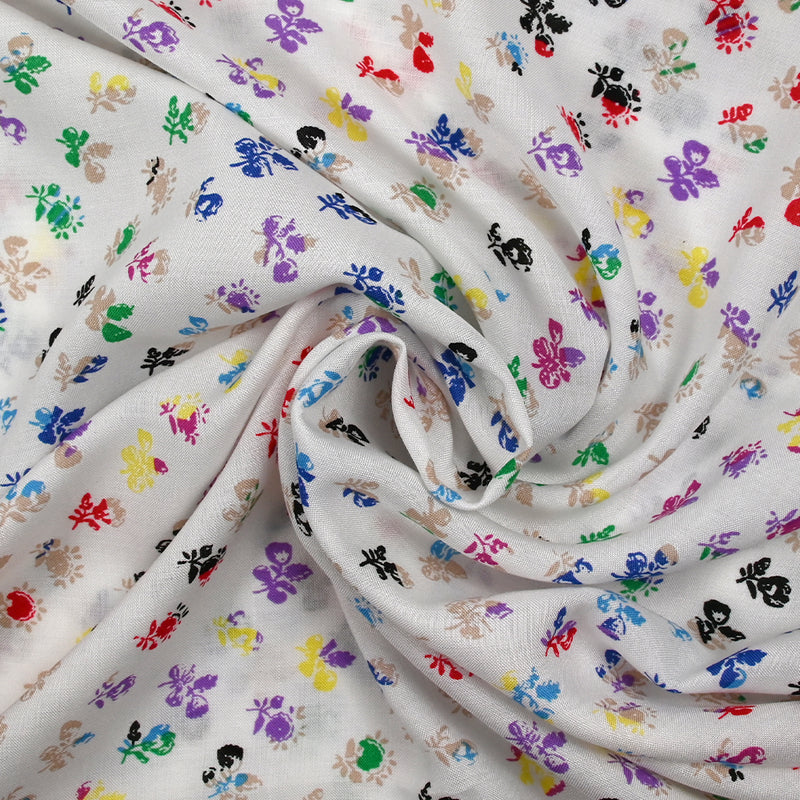 Viscose imprimée fleurs colorées fond blanc