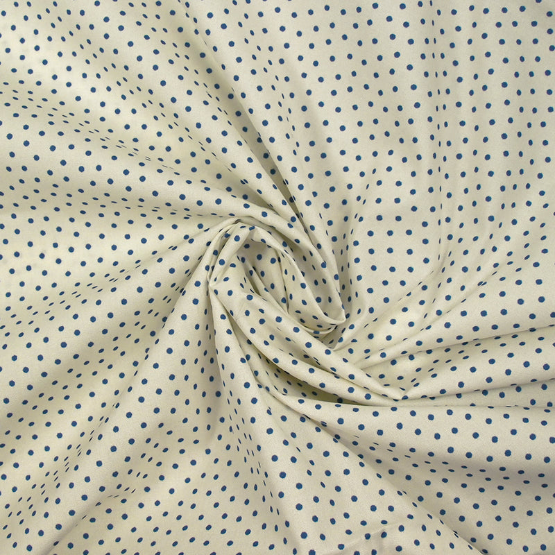 Coton élasthanne imprimé à pois bleu fond écru