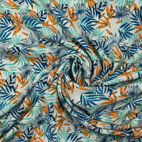Crépon de viscose imprimé nature en feuilles fond écru