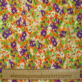 Crépon de viscose imprimé pensée floue violet et vert fond orange