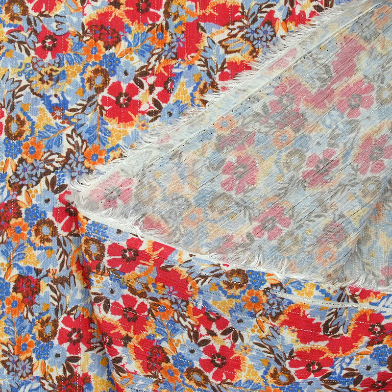 Crépon viscose lurex fleurs du dimanche rouge fond blanc