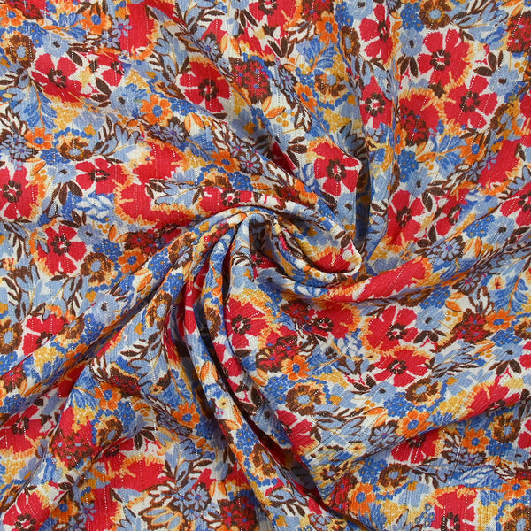Crépon viscose lurex fleurs du dimanche rouge fond blanc
