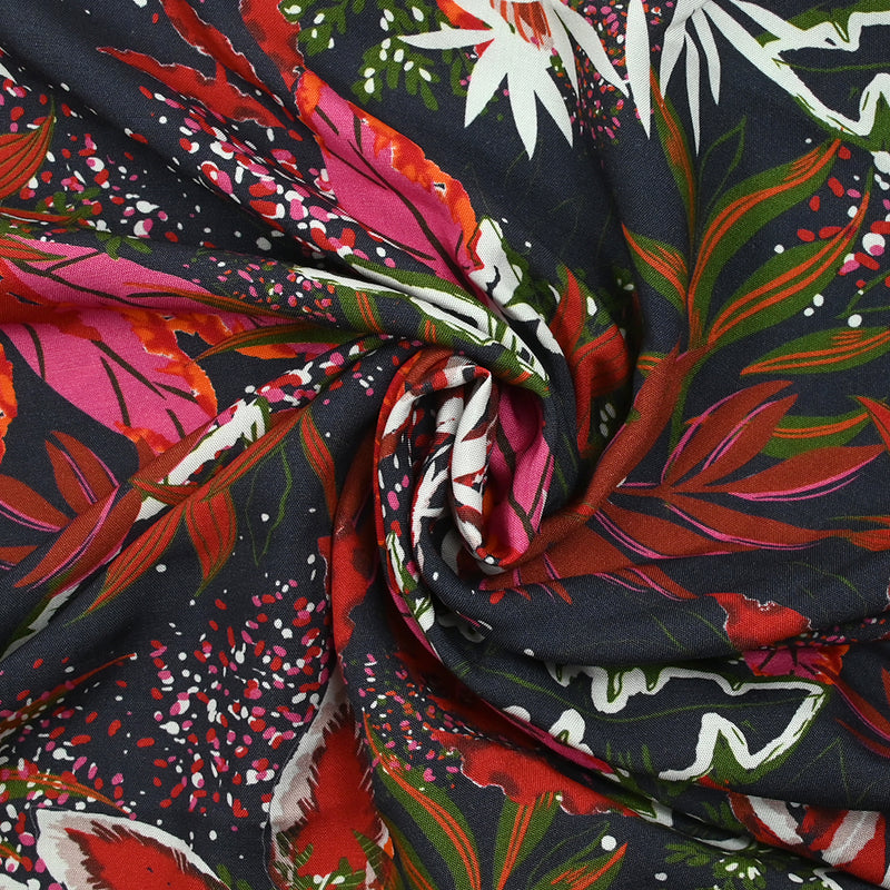 Viscose imprimée nature en fête brique et rose fond anthracite