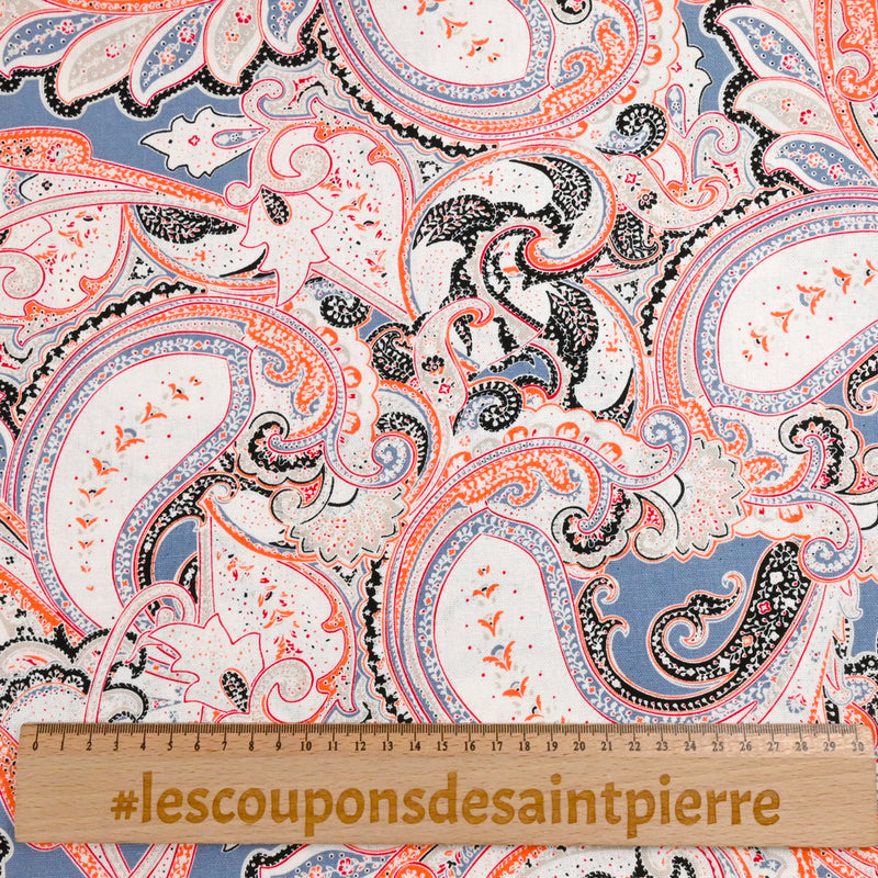 Lin viscose imprimé paisley fond bleu