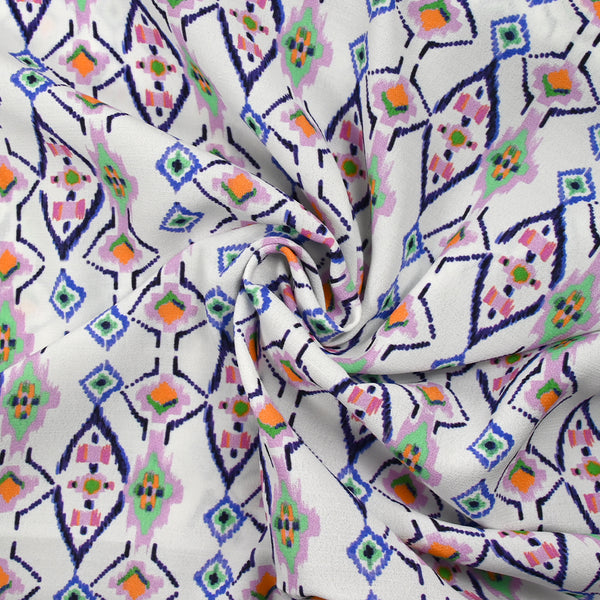Crêpe viscose imprimé éclat mystique parme et indigo fond blanc
