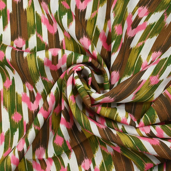 Viscose imprimée vive la vitesse rose, vert et marron fond blanc
