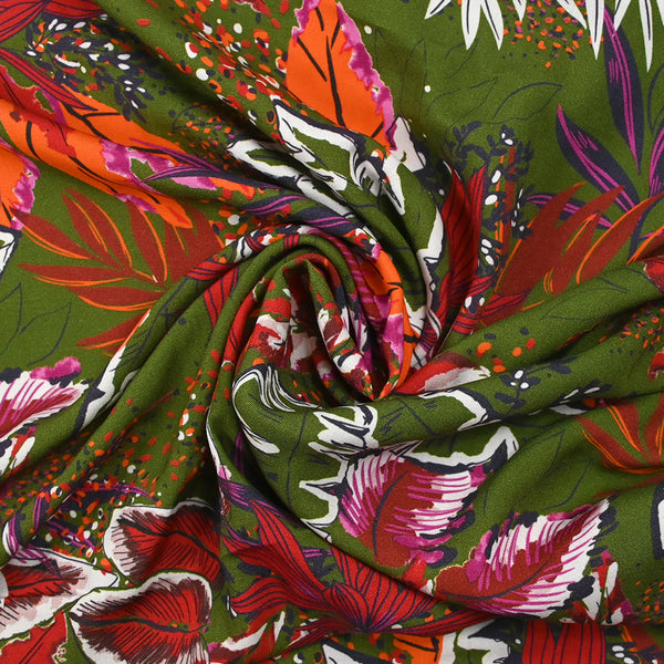 Viscose imprimée nature en fête brique et orange fond kaki