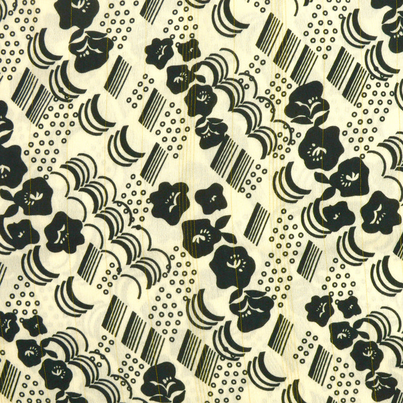 Crêpe de viscose rayé irisé fleurs noir fond beige